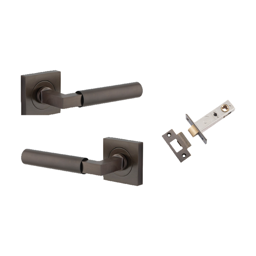 Door Lever Berlin Rose Square Signature Brass L120xP60mm BPH52xW52mm Passage Kit, Tube Latch Split Cam 'T' Striker Signature Brass Backset 60mm in Signature Brass