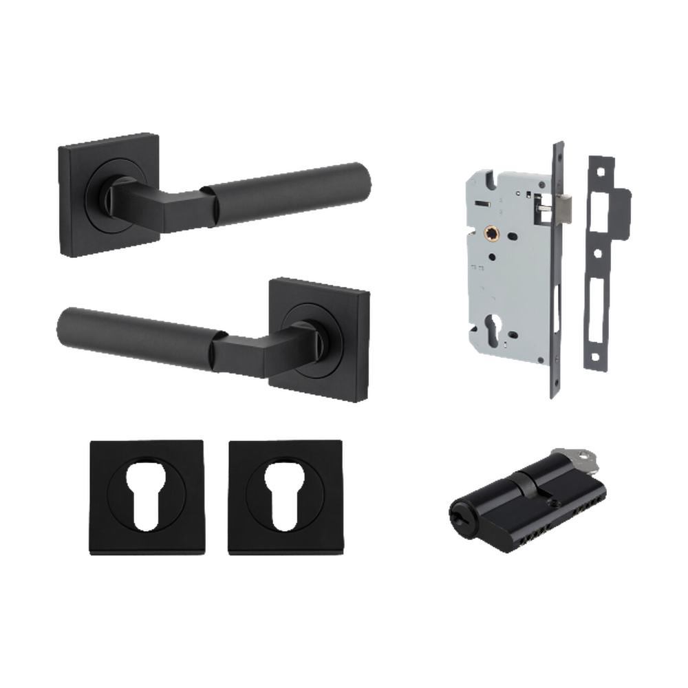 Door Lever Berlin Rose Square Pair Matt Black L120xP60mm BPH52xW52mm, Mortice Lock Euro Matt Black CTC85mm Backset 60mm, Euro Cylinder Dual Function 5 Pin Matt Black 65mm KA4, Escutcheon Euro Concealed Fix Square Pair Matt Black H52xW52xP10mm in Matt Black