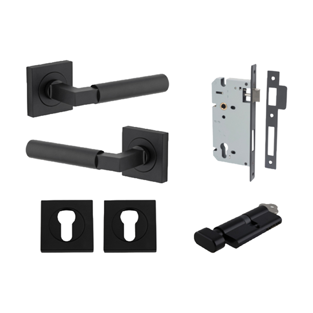 Door Lever Berlin Rose Square Pair Matt Black L120xP60mm BPH52xW52mm, Mortice Lock Euro Matt Black CTC85mm Backset 60mm, Euro Cylinder Key Thumb 5 Pin Matt Black 65mm KA4, Escutcheon Euro Concealed Fix Square Pair Matt Black H52xW52xP10mm in Matt Black