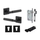 Door Lever Berlin Rose Square Pair Matt Black L120xP60mm BPH52xW52mm, Mortice Lock Euro Matt Black CTC85mm Backset 60mm, Euro Cylinder Key Thumb 5 Pin Matt Black 65mm KA4, Escutcheon Euro Concealed Fix Square Pair Matt Black H52xW52xP10mm in Matt Black