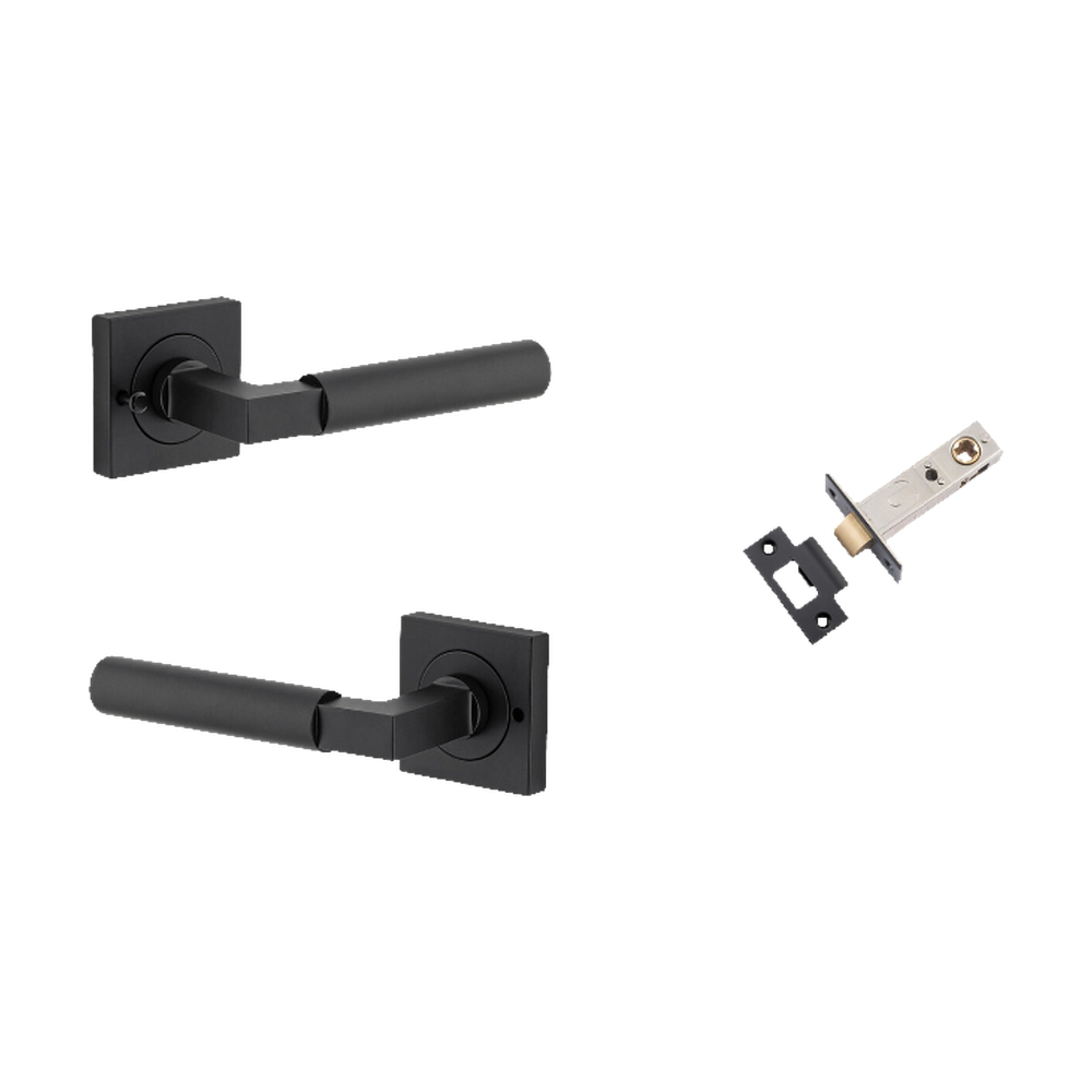 Door Lever Berlin Rose Square Matt Black L120xP60mm BPH52xW52mm Inbuilt Privacy Kit, Tube Latch Privacy with Faceplate & T striker Backset 60mm in Matt Black