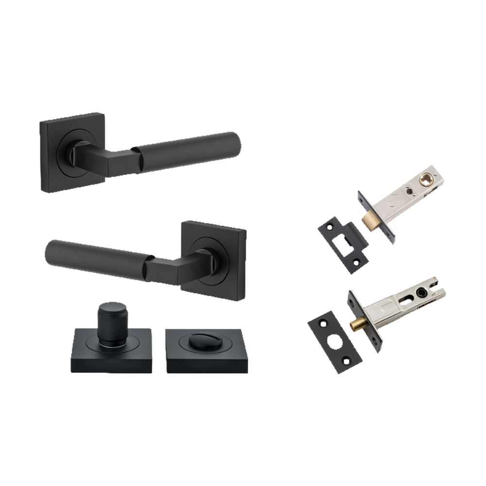 Door Lever Berlin Rose Square Matt Black L120xP60mm BPH52xW52mm Privacy Kit, Tube Latch Split Cam 'T' Striker Matt Black Backset 60mm, Privacy Bolt Round Bolt Matt Black Backset 60mm, Privacy Turn Berlin Concealed Fix Square Matt Black D52xP35mm in Matt Black