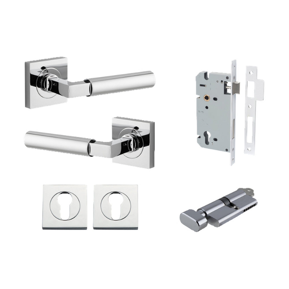 Door Lever Berlin Rose Square Pair Polished Chrome L120xP60mm BPH52xW52mm, Mortice Lock Euro Polished Chrome CTC85mm Backset 60mm, Euro Cylinder Key Thumb 5 Pin Polished Chrome 65mm KA4, Escutcheon Euro Concealed Fix Square Pair H52xW52xP10mm in Polished Chrome