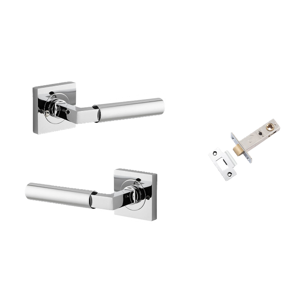 Door Lever Berlin Rose Square Polished Chrome L120xP60mm BPH52xW52mm Inbuilt Privacy Kit, Tube Latch Privacy with Faceplate & T striker Backset 60mm in Polished Chrome