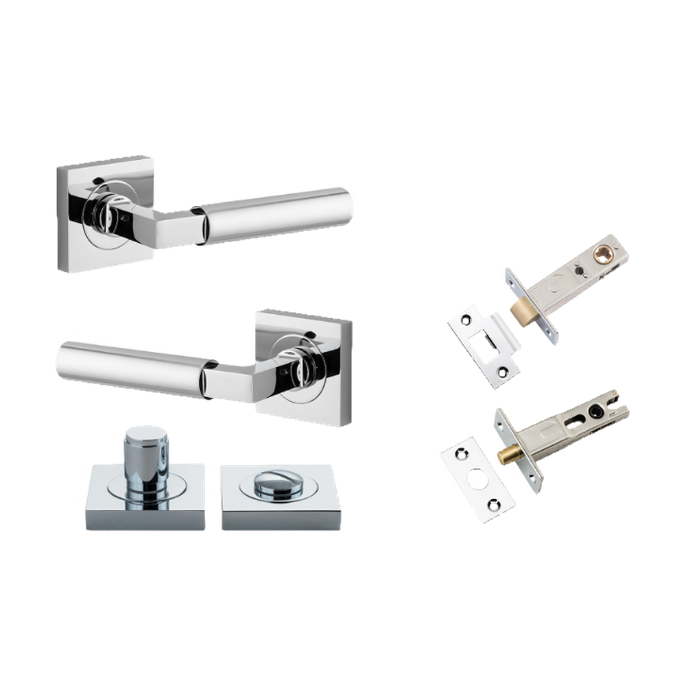 Door Lever Berlin Rose Square Polished Chrome L120xP60mm BPH52xW52mm Privacy Kit, Tube Latch Split Cam 'T' Striker Polished Chrome Backset 60mm, Privacy Bolt Round Bolt Polished Chrome Backset 60mm, Privacy Turn Berlin Concealed Fix Square D52xP35mm in Polished Chrome