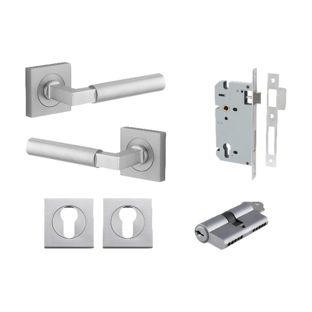 Door Lever Berlin Rose Square Pair Brushed Chrome L120xP60mm BPH52xW52mm, Mortice Lock Euro Brushed Chrome CTC85mm Backset 60mm, Euro Cylinder Dual Function 5 Pin Brushed Chrome 65mm KA4, Escutcheon Euro Concealed Fix Square Pair H52xW52xP10mm in Brushed Chrome