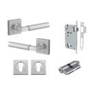 Door Lever Berlin Rose Square Pair Brushed Chrome L120xP60mm BPH52xW52mm, Mortice Lock Euro Brushed Chrome CTC85mm Backset 60mm, Euro Cylinder Dual Function 5 Pin Brushed Chrome 65mm KA4, Escutcheon Euro Concealed Fix Square Pair H52xW52xP10mm in Brushed Chrome