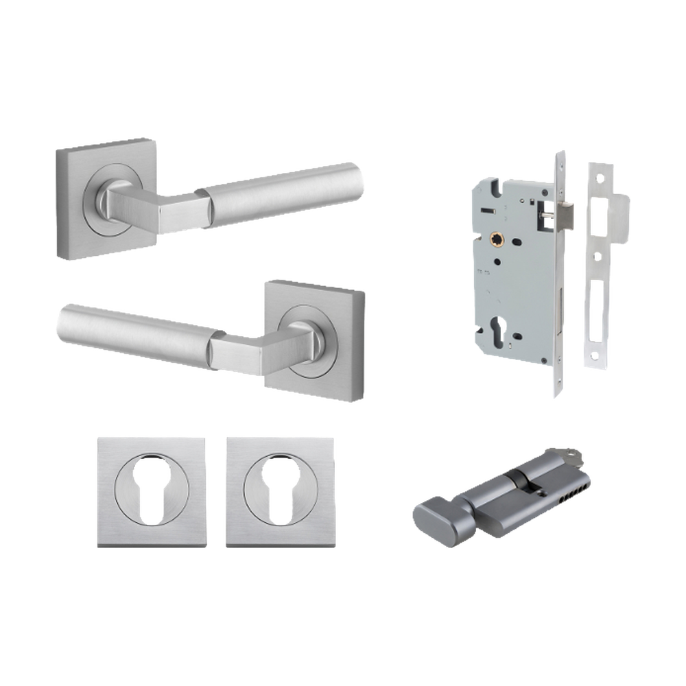 Door Lever Berlin Rose Square Pair Brushed Chrome L120xP60mm BPH52xW52mm, Mortice Lock Euro Brushed Chrome CTC85mm Backset 60mm, Euro Cylinder Key Thumb 5 Pin Brushed Chrome 65mm KA4, Escutcheon Euro Concealed Fix Square Pair H52xW52xP10mm in Brushed Chrome