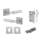 Door Lever Berlin Rose Square Pair Brushed Chrome L120xP60mm BPH52xW52mm, Mortice Lock Euro Brushed Chrome CTC85mm Backset 60mm, Euro Cylinder Key Thumb 5 Pin Brushed Chrome 65mm KA4, Escutcheon Euro Concealed Fix Square Pair H52xW52xP10mm in Brushed Chrome