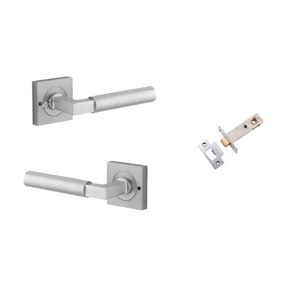 Door Lever Berlin Rose Square Brushed Chrome L120xP60mm BPH52xW52mm Inbuilt Privacy Kit, Tube Latch Privacy with Faceplate & T striker Backset 60mm in Brushed Chrome