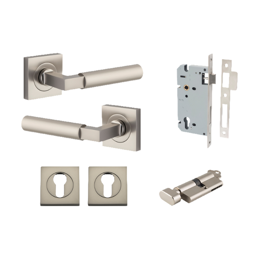 Door Lever Berlin Rose Square Pair Satin Nickel L120xP60mm BPH52xW52mm, Mortice Lock Euro Satin Nickel CTC85mm Backset 60mm, Euro Cylinder Key Thumb 5 Pin Satin Nickel 65mm KA4, Escutcheon Euro Concealed Fix Square Pair Satin Nickel H52xW52xP10mm in Satin Nickel