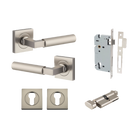 Door Lever Berlin Rose Square Pair Satin Nickel L120xP60mm BPH52xW52mm, Mortice Lock Euro Satin Nickel CTC85mm Backset 60mm, Euro Cylinder Key Thumb 5 Pin Satin Nickel 65mm KA4, Escutcheon Euro Concealed Fix Square Pair Satin Nickel H52xW52xP10mm in Satin Nickel