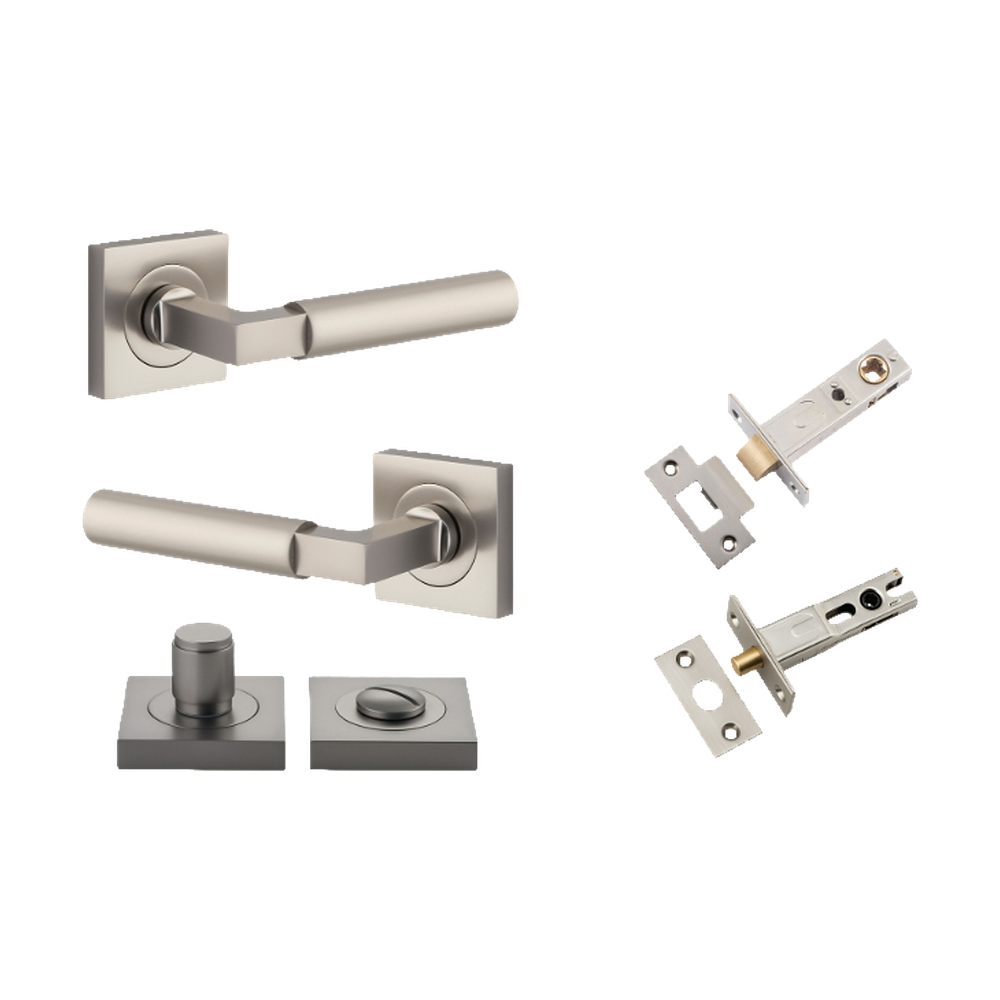 Door Lever Berlin Rose Square Satin Nickel L120xP60mm BPH52xW52mm Privacy Kit, Tube Latch Split Cam 'T' Striker Satin Nickel Backset 60mm, Privacy Bolt Round Bolt Satin Nickel Backset 60mm, Privacy Turn Berlin Concealed Fix Square D52xP35mm in Satin Nickel