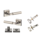 Door Lever Berlin Rose Square Satin Nickel L120xP60mm BPH52xW52mm Privacy Kit, Tube Latch Split Cam 'T' Striker Satin Nickel Backset 60mm, Privacy Bolt Round Bolt Satin Nickel Backset 60mm, Privacy Turn Berlin Concealed Fix Square D52xP35mm in Satin Nickel