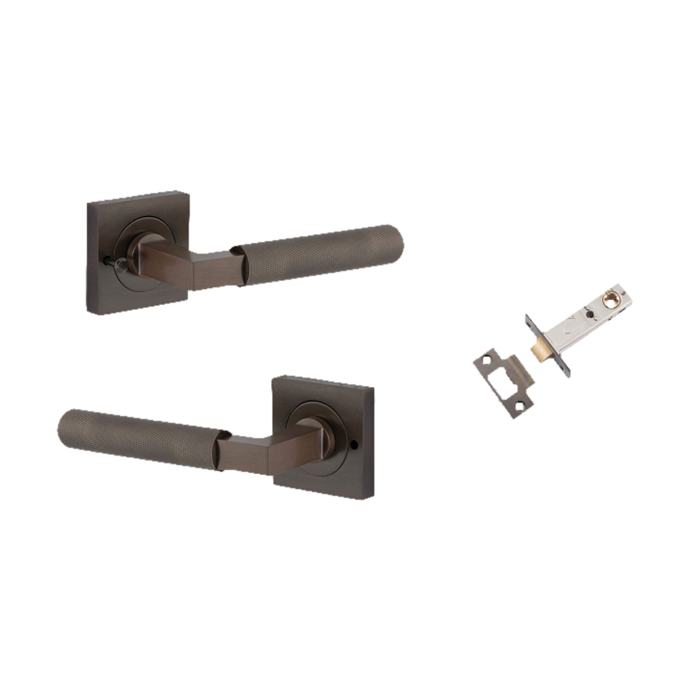 Door Lever Brunswick Rose Square Signature Brass L120xP60mm BPH52xW52mm Inbuilt Privacy Kit Tube Latch Privacy with Faceplate & T striker Backset 60mm in Signature Brass