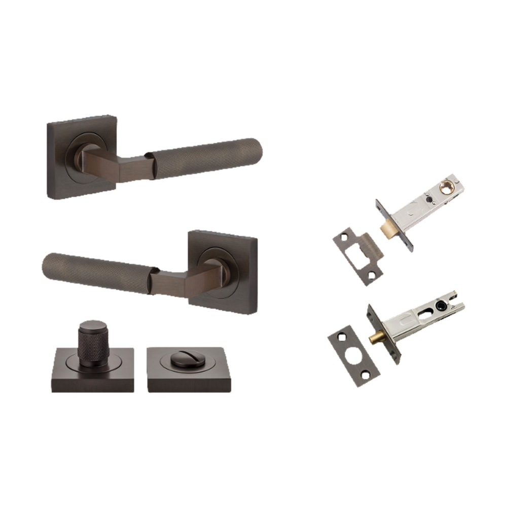 Door Lever Brunswick Knurled Rose Square Signature Brass L120xP60mm BPH52xW52mm Privacy Kit, Tube Latch Split Cam 'T' Striker Backset 60mm, Privacy Bolt Round Bolt Backset 60mm, Privacy Turn Brunswick Concealed Fix Square Knurled H52xW52xP10mm in Signature Brass