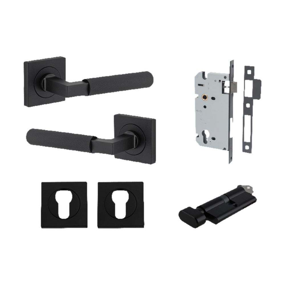 Door Lever Brunswick Rose Square Pair Matt Black L120xP60mm BPH52xW52mm Mortice Lock Euro Matt Black CTC85mm Backset 60mm Euro Cylinder Key Thumb 5 Pin Matt Black 65mm KA4 Escutcheon Euro Concealed Fix Square Pair Matt Black H52xW52xP10mm in Matt Black