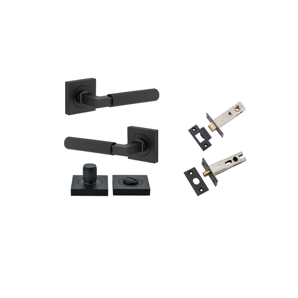Pair of Iver Brunswick lever handles on square rose, featuring sleek design and polished finish for interior door decoration.