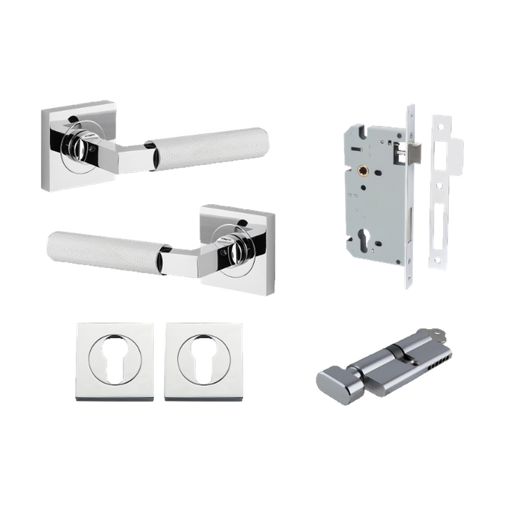 Door Lever Brunswick Rose Square Pair Polished Chrome L120xP60mm BPH52xW52mm Mortice Lock Euro Polished Chrome CTC85mm Backset 60mm Euro Cylinder Key Thumb 5 Pin Polished Chrome 65mm KA4 Escutcheon Euro Concealed Fix Square Pair H52xW52xP10mm in Polished Chrome