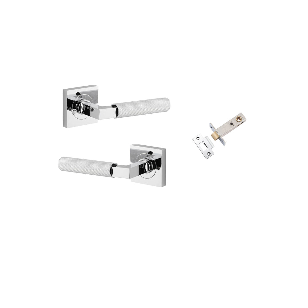 Pair of Iver Brunswick lever door handles on square rose in a polished finish, shown on a door for interior use.