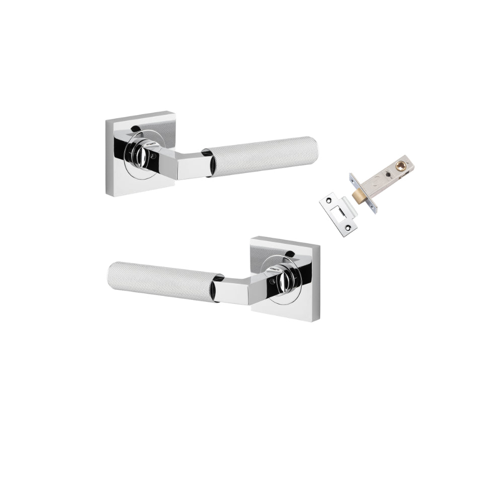 Pair of Iver Brunswick lever door handles on square rose, featuring a sleek, modern design in a polished finish.