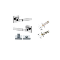 Pair of Iver Brunswick lever handles on square rose, featuring sleek metal design for interior door hardware.