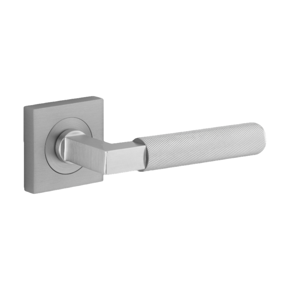 Door Lever Brunswick Knurled Square Rose Pair Brushed Chrome H52xW52xP60mm in Brushed Chrome