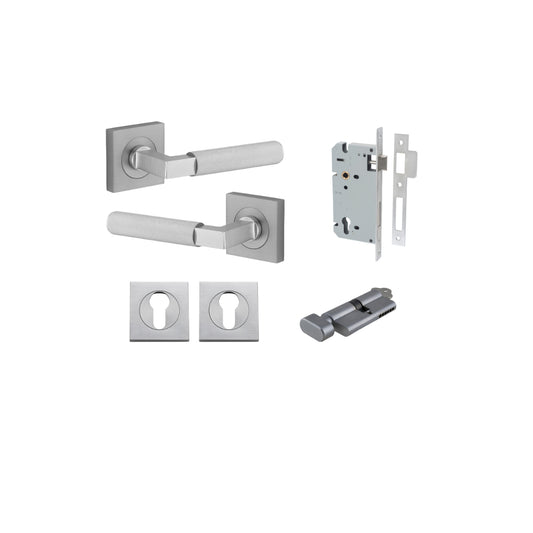 Door Lever Brunswick Rose Square Pair Brushed Chrome L120xP60mm BPH52xW52mm, Mortice Lock Euro Brushed Chrome CTC85mm Backset 60mm, Euro Cylinder Key Thumb 5 Pin Brushed Chrome 65mm KA4, Escutcheon Euro Concealed Fix Square Pair H52xW52xP10mm in Brushed C