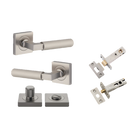 Door Lever Brunswick Knurled Rose Square Satin Nickel L120xP60mm BPH52xW52mm Privacy Kit, Tube Latch Split Cam 'T' Striker Backset 60mm, Privacy Bolt Round Bolt Backset 60mm, Privacy Turn Brunswick Concealed Fix Square Knurled H52xW52xP10mm in Satin Nickel