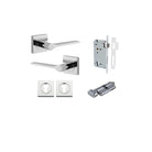 Door Lever Como Rose Square Pair Polished Chrome L119xP62mm BPH52xW52mm, Mortice Lock Euro Polished Chrome CTC85mm Backset 60mm, Euro Cylinder Key Thumb 5 Pin Polished Chrome 65mm KA4, Escutcheon Euro Concealed Fix Square Pair H52xW52xP10mm in Polished Chrome