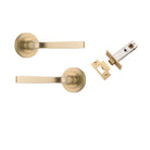 Door Lever Annecy Round Rose Pair Brushed Brass D52xP65mm Passage Kit, Tube Latch Split Cam 'T' Striker Brushed Brass Backset 60mm in Brushed Brass