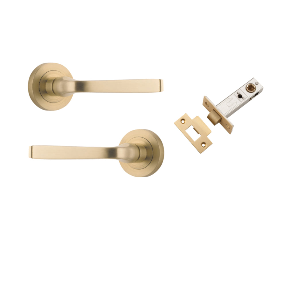 Door Lever Annecy Round Rose Pair Brushed Brass D52xP65mm Passage Kit, Tube Latch Split Cam 'T' Striker Brushed Brass Backset 60mm in Brushed Brass