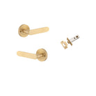 Door Lever Bronte Rose Round Brushed Brass L117xP56mm BPD52mm Inbuilt Privacy Kit, Tube Latch Privacy with Faceplate & T striker Backset 60mm in Brushed Brass