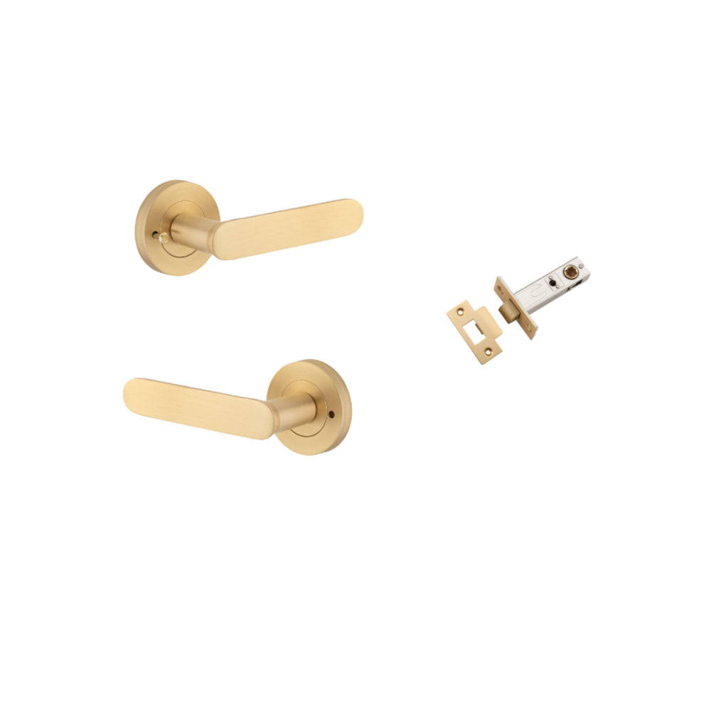 Door Lever Bronte Rose Round Brushed Brass L117xP56mm BPD52mm Inbuilt Privacy Kit, Tube Latch Privacy with Faceplate & T striker Backset 60mm in Brushed Brass