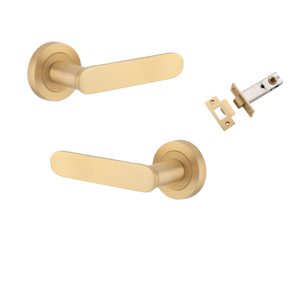 Door Lever Bronte Rose Round Brushed Brass L117xP56mm BPD52mm Passage Kit, Tube Latch Split Cam 'T' Striker Brushed Brass Backset 60mm in Brushed Brass