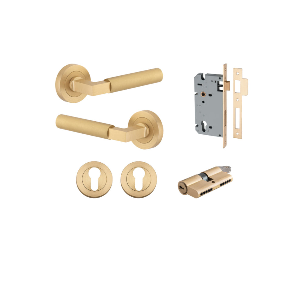 Door Lever Berlin Rose Round Pair Brushed Brass L120xP60mm BPD52mm, Mortice Lock Euro Brushed Brass CTC85mm Backset 60mm, Euro Cylinder Dual Function 5 Pin Brushed Brass 65mm KA4, Escutcheon Euro Concealed Fix Round Pair Brushed Brass D52xP10mm in Brushed