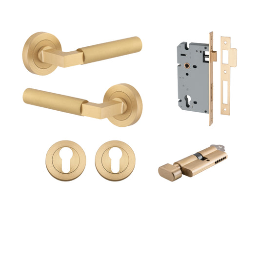 Door Lever Berlin Rose Round Pair Brushed Brass L120xP60mm BPD52mm, Mortice Lock Euro Brushed Brass CTC85mm Backset 60mm, Euro Cylinder Key Thumb 5 Pin Brushed Brass 65mm KA4, Escutcheon Euro Concealed Fix Round Pair Brushed Brass D52xP10mm in Brushed Bra