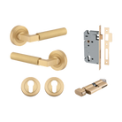 Door Lever Berlin Rose Round Pair Brushed Brass L120xP60mm BPD52mm, Mortice Lock Euro Brushed Brass CTC85mm Backset 60mm, Euro Cylinder Key Thumb 5 Pin Brushed Brass 65mm KA4, Escutcheon Euro Concealed Fix Round Pair Brushed Brass D52xP10mm in Brushed Brass