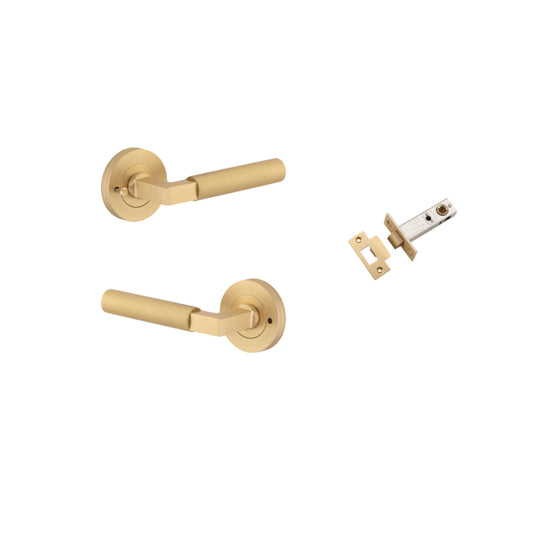 Door Lever Berlin Rose Round Brushed Brass L120xP60mm BPD52mm Inbuilt Privacy Kit, Tube Latch Privacy with Faceplate & T striker Backset 60mm in Brushed Brass