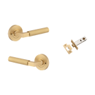 Door Lever Berlin Rose Round Brushed Brass L120xP60mm BPD52mm Inbuilt Privacy Kit, Tube Latch Privacy with Faceplate & T striker Backset 60mm in Brushed Brass