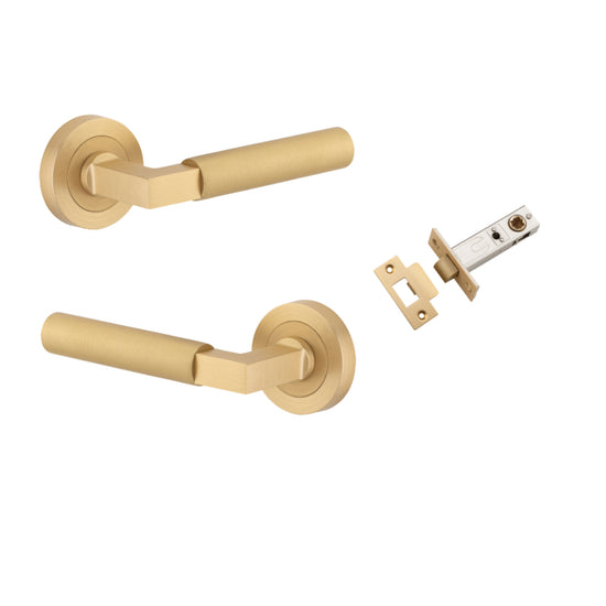 Door Lever Berlin Rose Round Brushed Brass L120xP60mm BPD52mm Passage Kit, Tube Latch Split Cam 'T' Striker Brushed Brass Backset 60mm in Brushed Brass