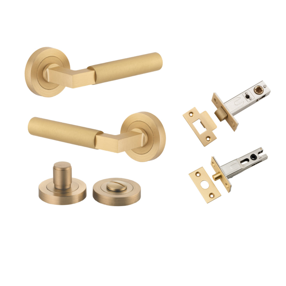 Door Lever Berlin Rose Round Brushed Brass L120xP60mm BPD52mm Privacy Kit, Tube Latch Split Cam 'T' Striker Brushed Brass Backset 60mm, Privacy Bolt Round Bolt Brushed Brass Backset 60mm, Privacy Turn Berlin Concealed Fix Round D52xP35mm in Brushed Brass