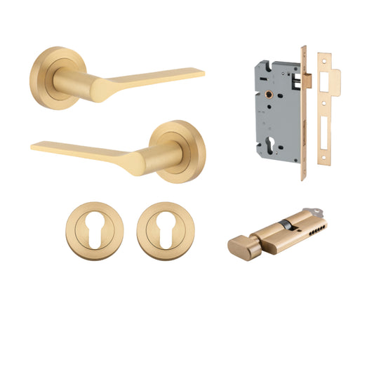 Door Lever Como Rose Round Pair Brushed Brass L119xP62mm BPD52mm, Mortice Lock Euro Brushed Brass CTC85mm Backset 60mm, Euro Cylinder Key Thumb 5 Pin Brushed Brass 65mm KA4, Escutcheon Euro Concealed Fix Round Pair Brushed Brass D52xP10mm in Brushed Brass