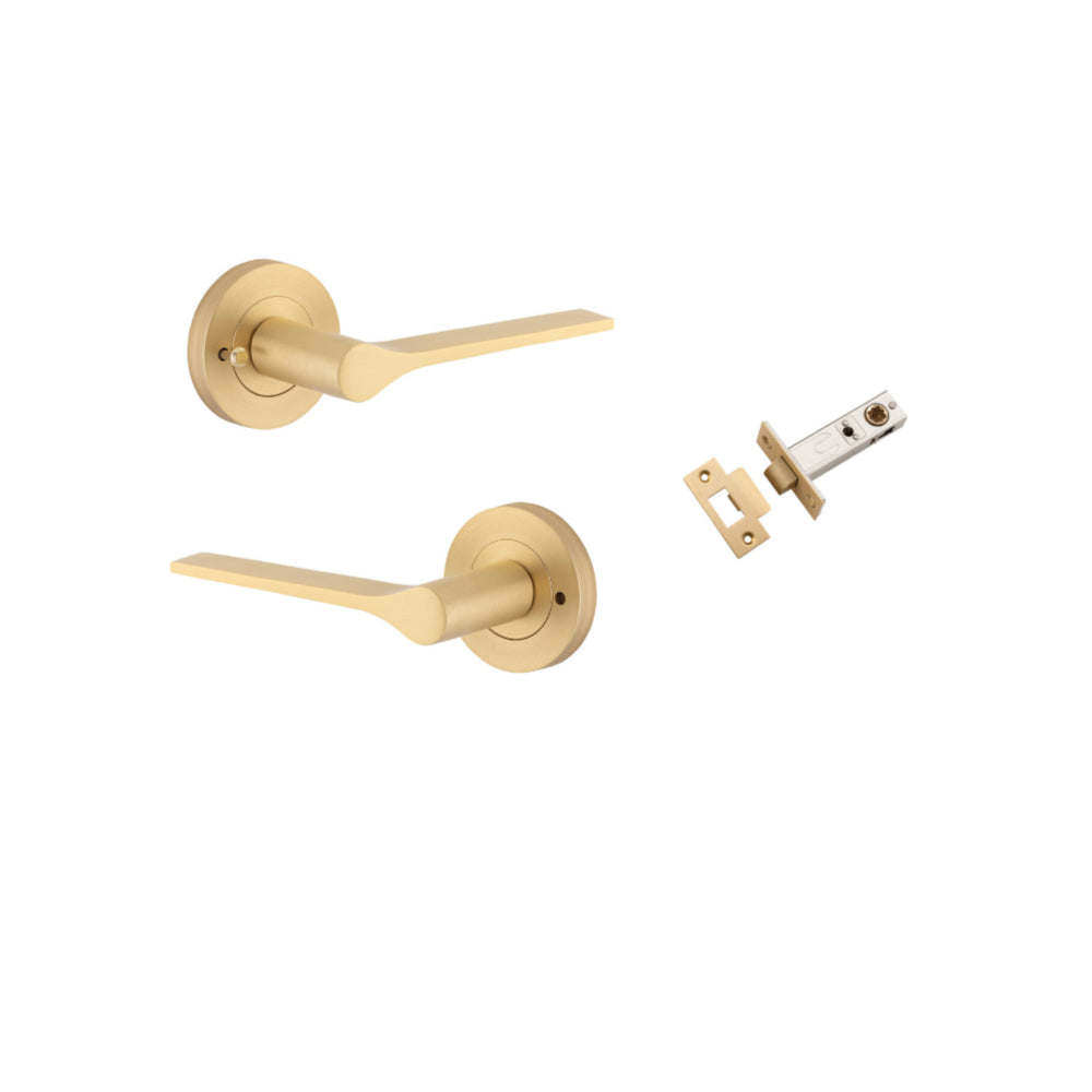 Door Lever Como Rose Round Brushed Brass L119xP62mm BPD52mm Inbuilt Privacy Kit, Tube Latch Privacy with Faceplate & T striker Backset 60mm in Brushed Brass