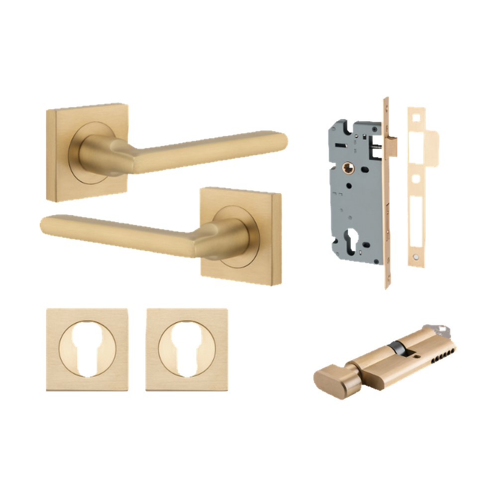 Door Lever Baltimore Square Rose Pair Brushed Brass H52xW52xP58mm Entrance Kit, Mortice Lock Euro Brushed Brass CTC85mm Backset 60mm, Euro Cylinder Key Thumb 6 Pin Brushed Brass L70mm   KA1, Escutcheon Euro Concealed Fix Square Pair Brushed Brass… in Brushed Brass