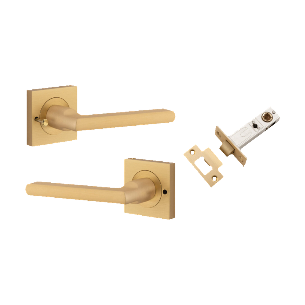 Door Lever Baltimore Square Rose Inbuilt Privacy Pair Brushed Brass H52xW52xP58mm with Tube Latch Privacy with Faceplate & T Striker Backset 60mm in Brushed Brass