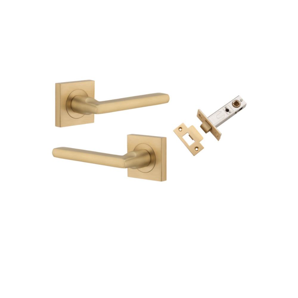 Pair of Iver Baltimore lever handles on square rose, featuring a sleek, modern design for interior doors.