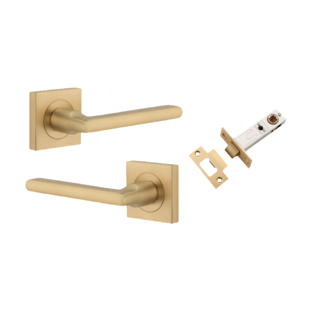 Door Lever Baltimore Square Rose Pair Brushed Brass H52xW52xP58mm Passage Kit, Tube Latch Split Cam 'T' Striker Brushed Brass Backset 60mm in Brushed Brass