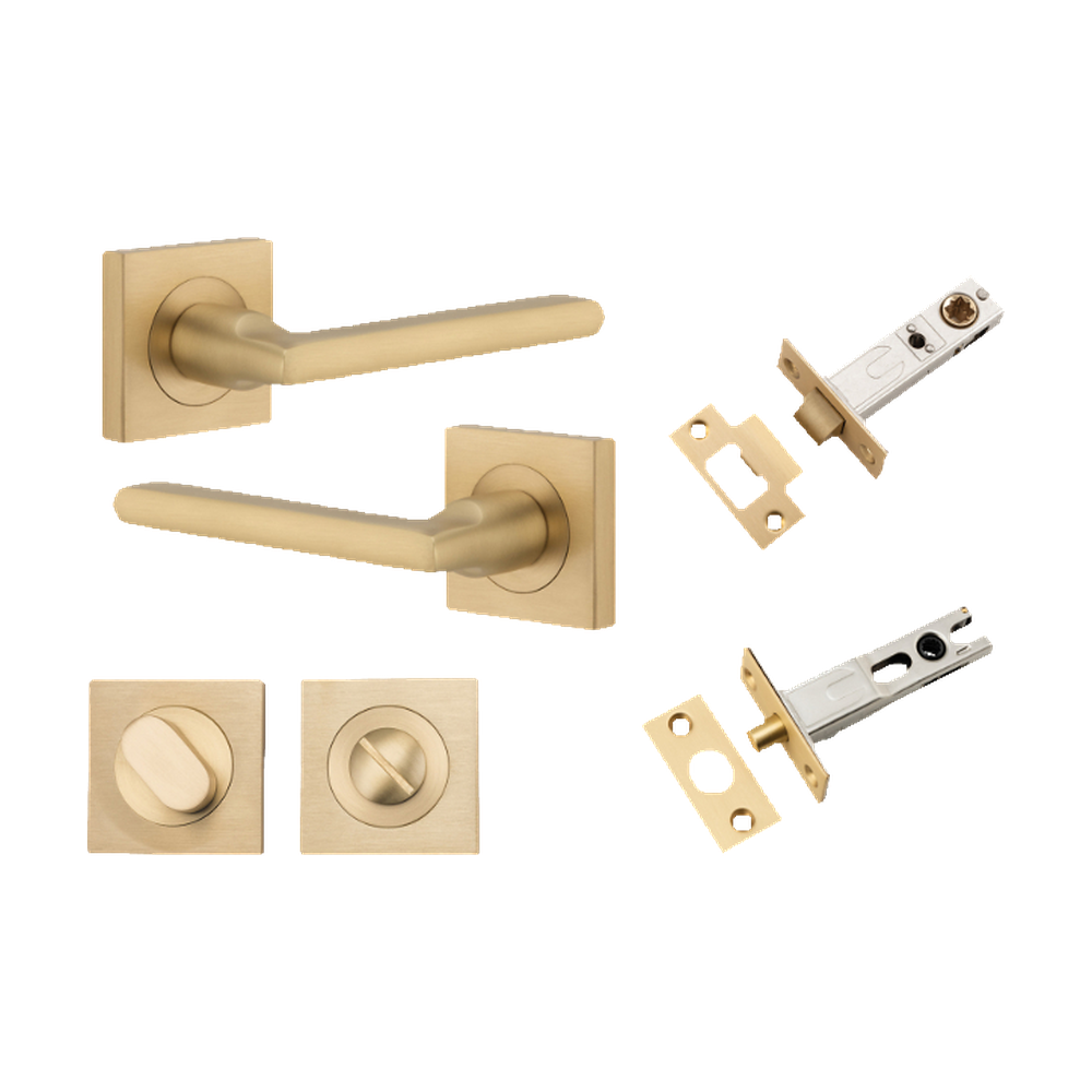 Door Lever Baltimore Square Rose Pair Brushed Brass H52xW52xP58mm Privacy Kit, Tube Latch Split Cam 'T' Striker Brushed Brass Backset 60mm, Privacy Bolt Round Bolt Brushed Brass Backset 60mm, Privacy Turn Oval Concealed Fix Square Brushed Brass H5… in Brushed Brass