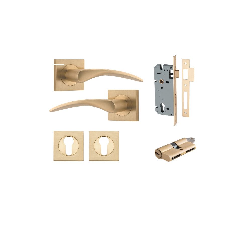 Door Lever Oxford Square Rose Pair Brushed Brass H52xW52xP64mm Entrance Kit, Mortice Lock Euro Brushed Brass CTC85mm Backset 60mm, Euro Cylinder Dual Function 5 Pin Brushed Brass L65mm KA1, Escutcheon Euro Concealed Fix Square Pair Brushed Brass H… in Bru